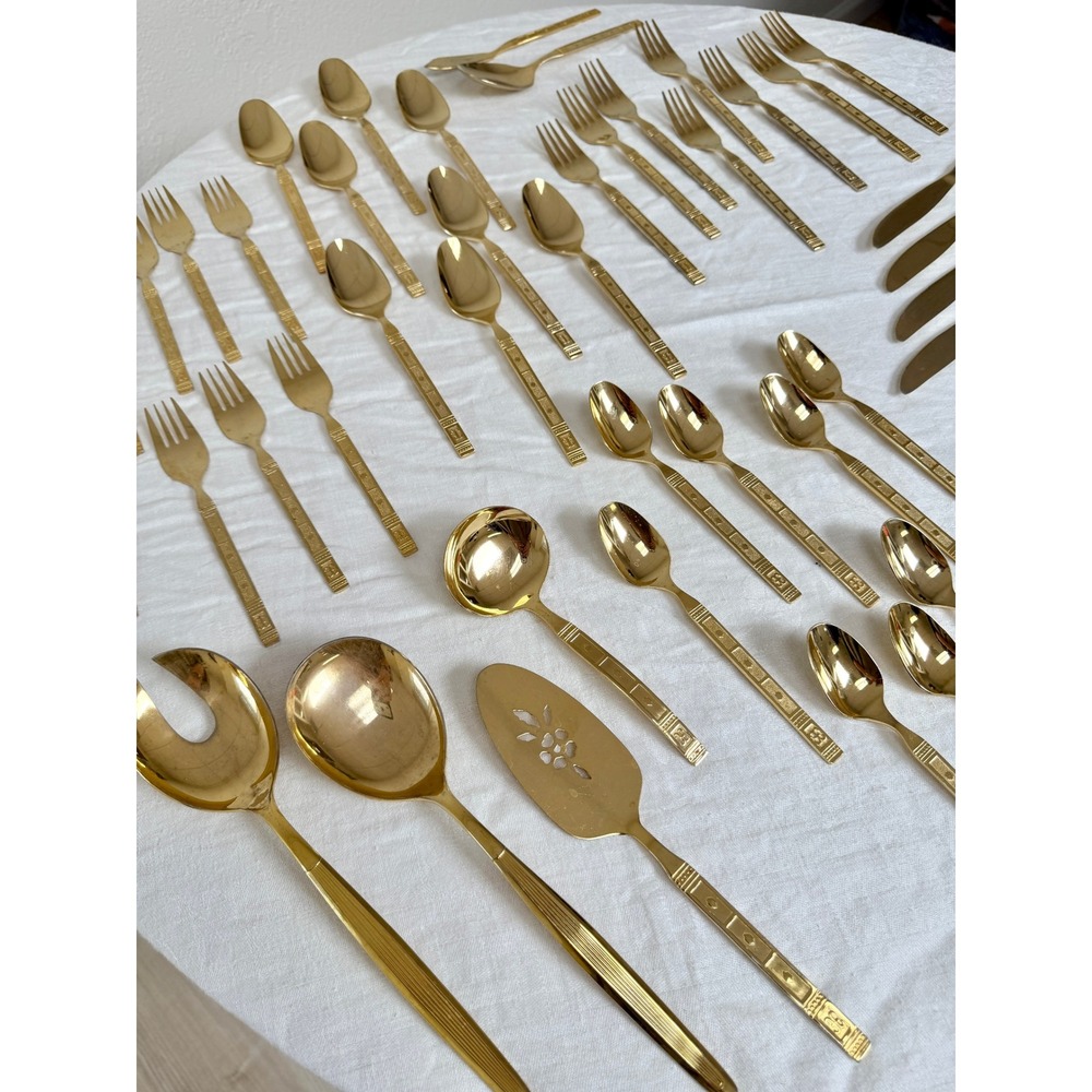 VINTAGE MCM Lifetime Cutlery Gold Tone Flatware Set 73pc Stainless Taiwan
